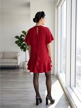 RED Valentino Cherry Red Ruffle Shift Dress with Bow Details - US 0 (IT 36)